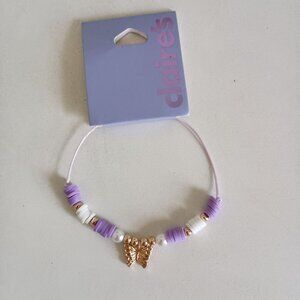 NWT Claire's dainty purple and white disc beads golden butterfly charm bracelet